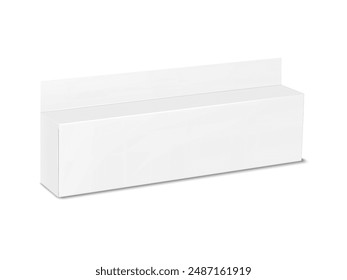 White blank long flat pack paperboard box with label header card. Realistic 3d vector mock-up. Isolated cardboard box for squeeze tube packaging. Mockup. Carton package. Template for design