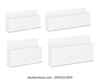 Caja de cartón larga blanca en blanco con tarjeta de cabecera de etiqueta. Conjunto de maqueta de Vector 3D realista. Embalaje aislado de la caja de cartón. Kit de maquetas. Envase de cartón. Plantilla de diseño