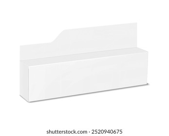 Caja de cartón larga en blanco blanco blanco con tarjeta de cabecera de etiqueta. Maqueta realista de Vector en 3D. Caja de cartón aislada para embalaje de tubo de compresión. Maqueta. Paquete del cartón. Plantilla para el diseño