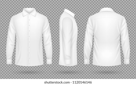 White blank male shirt with long sleeves in front, side, back views. Realistic vector template isolated. Shirt blank man, cotton clothing view. Vector illustration