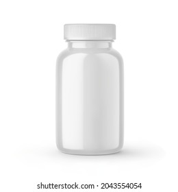 White blank medical pill bottle with cap mockup. Round medicine plastic jar, pharmaceutical container, supplements packaging 3d vector realistic illustration isolated on white background.