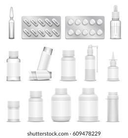 White blank medicine pharmaceutical packaging vector mockups. Bottles spray and drugs. Medication drugs isolated, illustration of bottle and ampoule drug