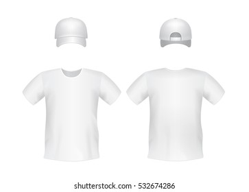 White blank men's t-shirt template with a cap Front and back views