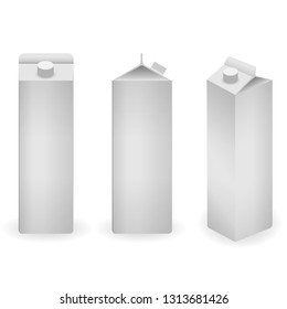 White blank mockup cardboard box for milk, juice. Front and side view. Template for advertising and product promotion