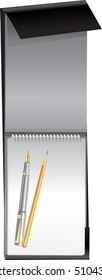 White blank notebook on black cover with pen and pencil
