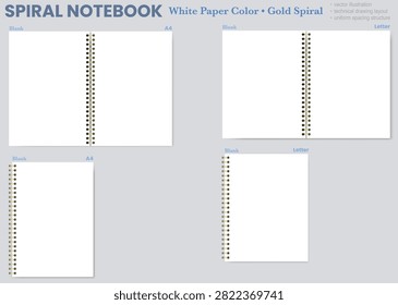 White blank notebook page shows unruled surface, black wire binding, and varied formats on light gray background. Suitable for schoolwork, planning, stationery layouts, notes and printable worksheets