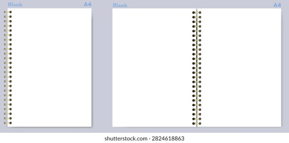 White blank notebook page shows unruled surface, black wire binding, and upright horizontal formats on background. Suitable for schoolwork, planning, stationery layouts, notes and printable