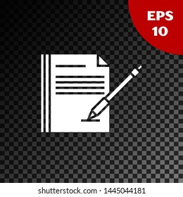 White Blank notebook and pen icon isolated on transparent dark background. Paper and pen.  Vector Illustration