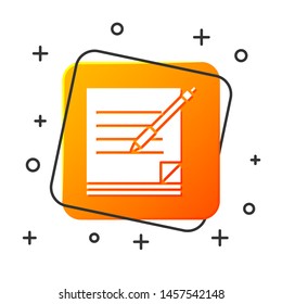 White Blank notebook and pen icon isolated on white background. Paper and pen. Orange square button. Vector Illustration