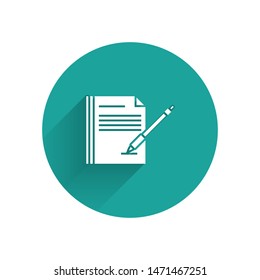 White Blank notebook and pen icon isolated with long shadow. Paper and pen. Green circle button. Vector Illustration
