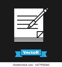 White Blank notebook and pen icon isolated on black background. Paper and pen.  Vector Illustration