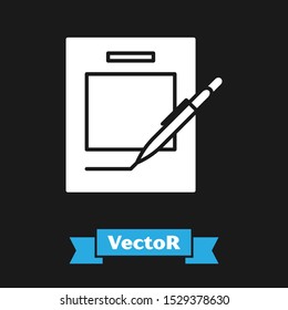 White Blank notebook and pen icon isolated on black background. Paper and pen.  Vector Illustration