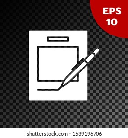 White Blank notebook and pen icon isolated on transparent dark background. Paper and pen.  Vector Illustration