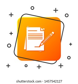 White Blank notebook and pencil with eraser icon isolated on white background. Paper and pencil. Orange square button. Vector Illustration