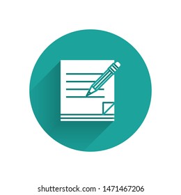 White Blank notebook and pencil with eraser icon isolated with long shadow. Paper and pencil. Green circle button. Vector Illustration