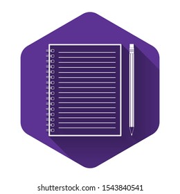 White Blank notebook and pencil with eraser icon isolated with long shadow. Purple hexagon button. Vector Illustration