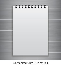 White Blank Notebook Template for Advertising and Corporate Identity. Realistic Spiral Notepad Mockup Vector with Wood Background.