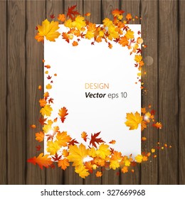 White blank on autumn background with maple leaves on wooden board. Vector