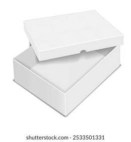 White blank open deep-sided cardboard box with separate notched lift-off lid. Realistic 3d vector mock-up. Carton packaging isolated. Mockup. Template for design