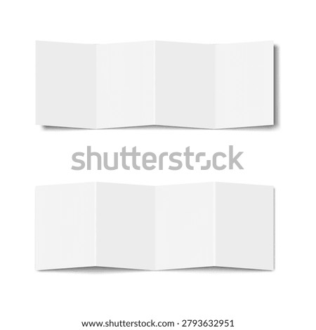 White blank open four panel accordion fold brochure. Vector mockup. Square 4-panel zig-zag folded paper sheet. Concertina fold leaflet, flyer, booklet. Mock-up. 1 row Z card front, back side. Template