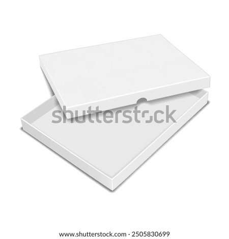 White blank open low cardboard box with separate lid. Realistic 3d vector mock-up. Carton packaging isolated. Mockup. Template for design
