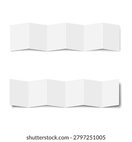 White blank open six panel accordion fold brochure. Vector mockup. Square zig-zag folded paper sheet. Concertina fold leaflet, flyer, booklet. Mock-up. Single row 12 page Z card front, back. Template