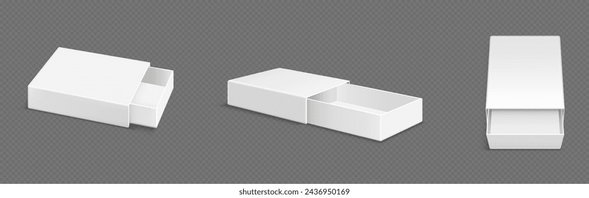White blank open slide box mockup. Realistic vector illustration set of different view angles on empty rectangular matchbox or gift package of drawer type template. Slide carton pack with sleeve. svg