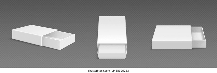 White blank open slide box mockup. Realistic vector illustration set of different view angles on empty rectangular matchbox or gift package of drawer type template. Slide carton pack with sleeve.