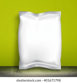 White blank package for food template is on the background of green walls. Sample Plastic bag for snacks, Mockup 