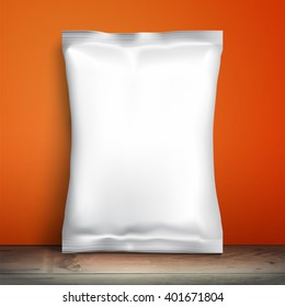 White Blank Package For Food Template Is On The Background Of Red Walls. Sample Plastic Bag For Snacks, Mockup 