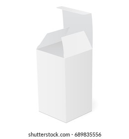 White blank packaging box for drug, tablets or ointment - half side view. Rectangular open box with lid. Vector illustration