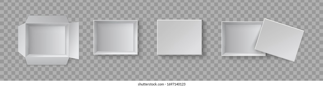 Cajas de regalo de embalaje en blanco. Un conjunto de cajas abiertas y cerradas en diferentes ángulos. Objeto blanco en un fondo transparente. Ilustración del vector, EPS 10.