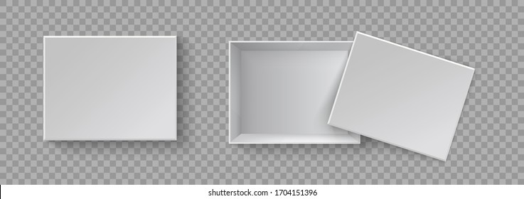 White blank packaging gift boxes. A set of open and closed boxes at different angles. White object on a transparent background. Vector illustration, EPS 10.