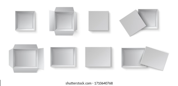 White blank packaging gift boxes. A set of open and closed boxes at different angles. Set of object on a white background. Vector illustration, EPS 10.