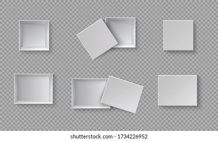 White blank packaging gift boxes. A set of open and closed boxes at different angles. White object on a transparent background. Vector illustration, EPS 10.