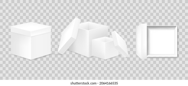 Cajas de regalo de embalaje en blanco. Un conjunto de cajas abiertas y cerradas en diferentes ángulos. Objeto blanco sobre un fondo transparente. Ilustración del vector, EPS 10.