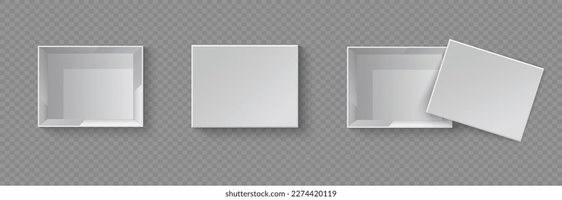 White blank packaging gift boxes. A set of open and closed box at different angles. Set of objects on a transparent background. Vector illustration, EPS 10.