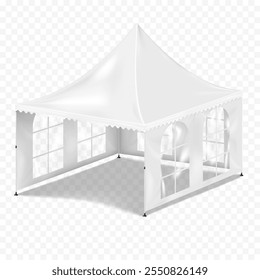 Barraca de dossel de pagode branco com parede traseira, paredes laterais e janelas claras no fundo transparente. Realista mock-up de vetor 3d. Gazebo pop-up, marca de seleção de eventos dobráveis. Mockup. Modelo para design