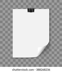 White blank paper a4 page with curled corner with paper clip isolated on transparent background. Realistic vector illustration of curled paper.