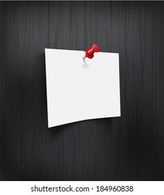 White blank paper attached with red pin on black background. Vector illustration