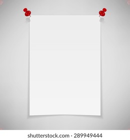 White blank paper attached with red pin. Vector illustration