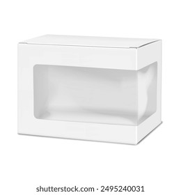 Caja de papel en blanco blanco con ventana de plástico transparente. Maqueta de Vector 3D realista. Caja de regalo de cartón con ventana. Maqueta. Embalaje vacío del envase del cartón. Plantilla de diseño