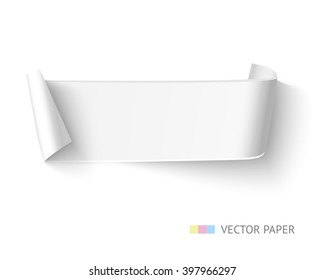 White blank paper curved ribbon banner with paper rolls isolated on white background. Realistic vector paper with space for text, message, advertising.