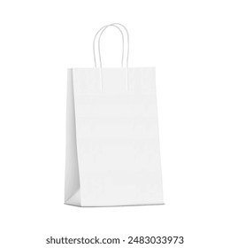 White blank paper gift bag with twisted rope handles. Realistic vector mockup. Isolated merchandise gusseted package template. Mock-up for design