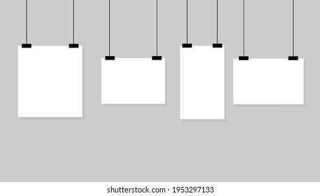 White blank paper on the wall. White realistic template, mockup for poster, gallery, background and photo. Vector sheet for clip, presentation, pictures. Page layout for portfolio, board, illustration