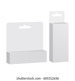 Caja de embalaje de papel blanco con agujero colgante aislado. Dos cajas blancas para productos cosméticos o médicos. Montaje para diseño o marca. Ilustración del vector