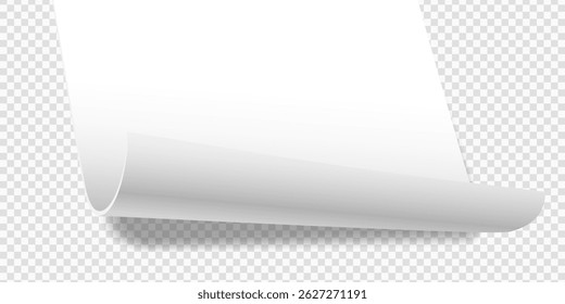 Papel branco laminado por trás. Mock-up realista papel ou rolo de tecido isolado no transparente. Modelo de maquete de vetor 3D para apresentação, publicidade, site, aplicativos, layout de banner