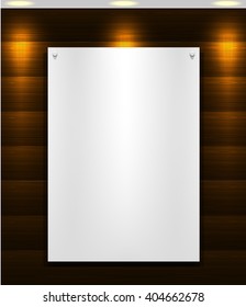 White blank paper sheet A4 format on wooden background and spotlight. Paper card with pin and shadow. Empty poster template for design. Vector empty page on plank wall.