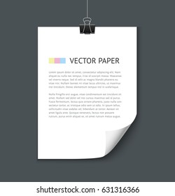 White blank paper sheet with curled corner with paper clip isolated on dark background. Realistic vector illustration of curled paper. Template for info