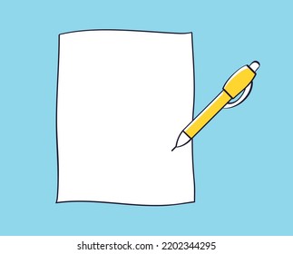 White blank paper sheet, page of diary, note paper with message, letter, document or notebook with pen vector illustration.